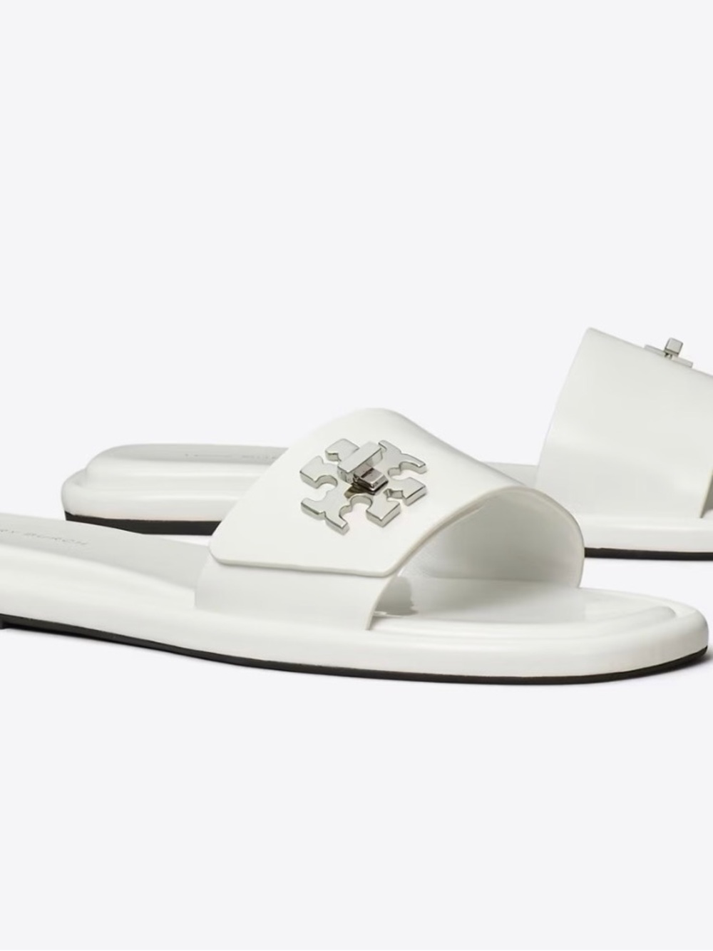 Tory Burch Women’s Turnlock White Slide Sandals with Silver Logo Accent
